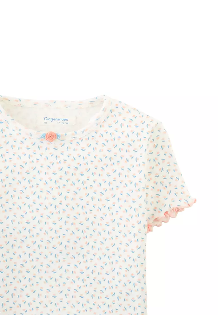 Anya Pointelle Tee with All-Over Floral Print and Satin Bow in Off-White