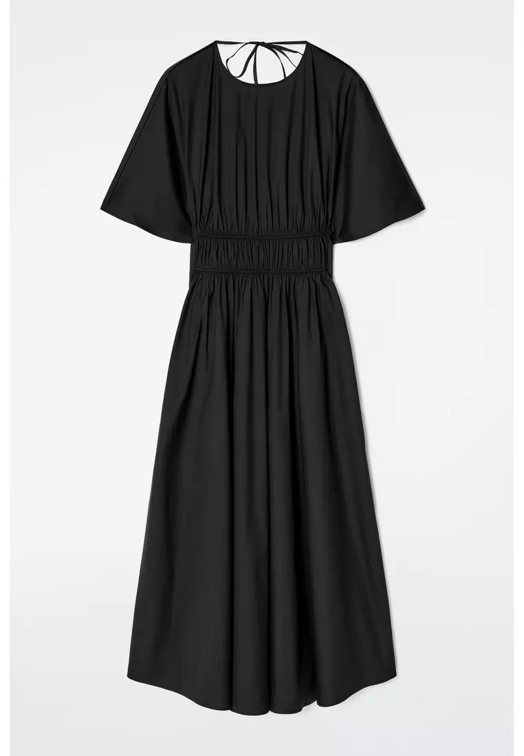 GATHERED OPEN-BACK MIDI DRESS