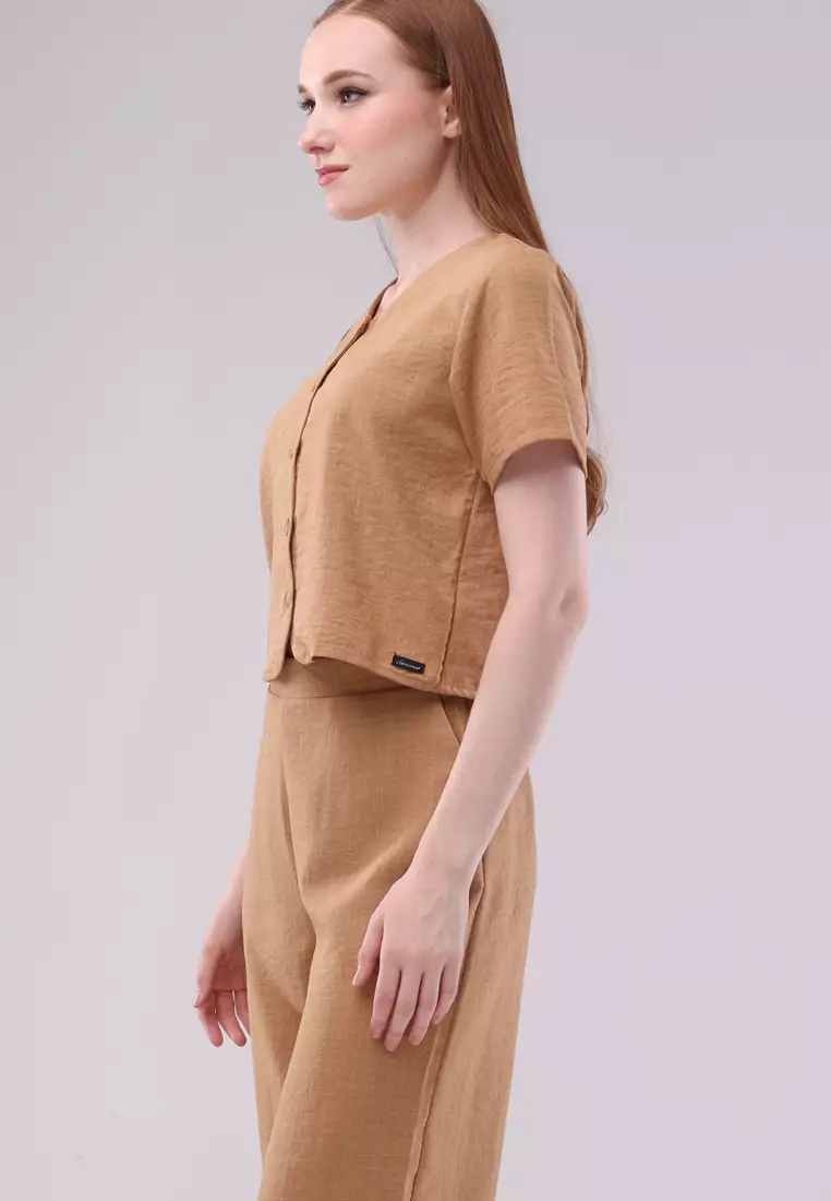 Plain Soft Wrinkled Woven Short Sleeves Terno Pants