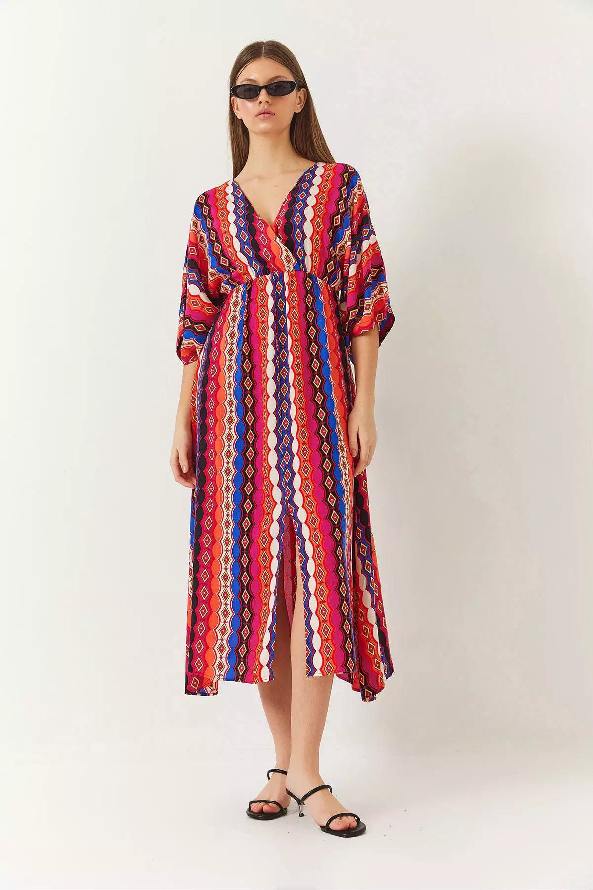 Women's Double Breasted V Neck Front Slit Detail Print Dress 60261411