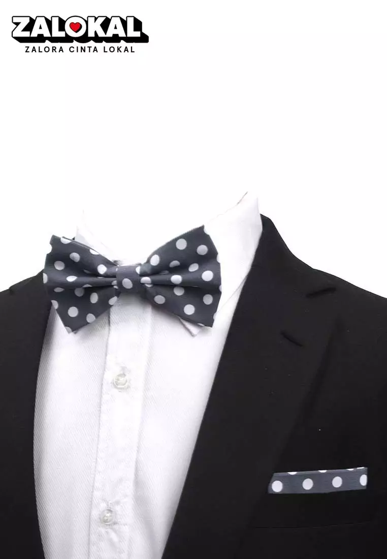 Houseofcuff Dasi Kupu Bowtie Pocket Square Saputangan Abu Polka A37