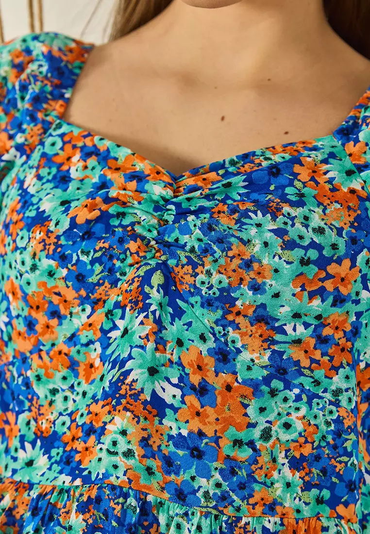 Women's Patterned Carmen Collar Gather Detailed Midi Length Summer Dress 60284046