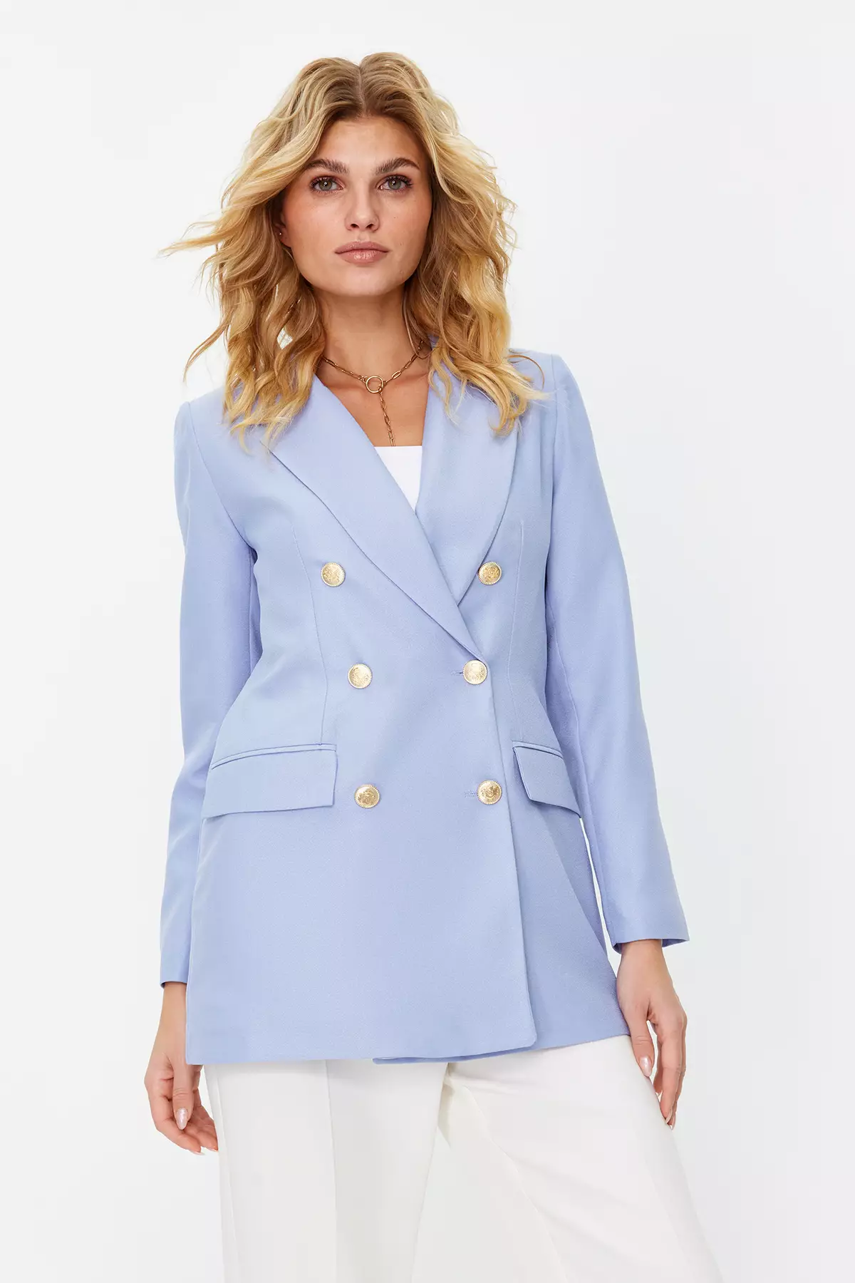 Light Blue Oversize Lined Double Breasted Closure Blazer Jacket