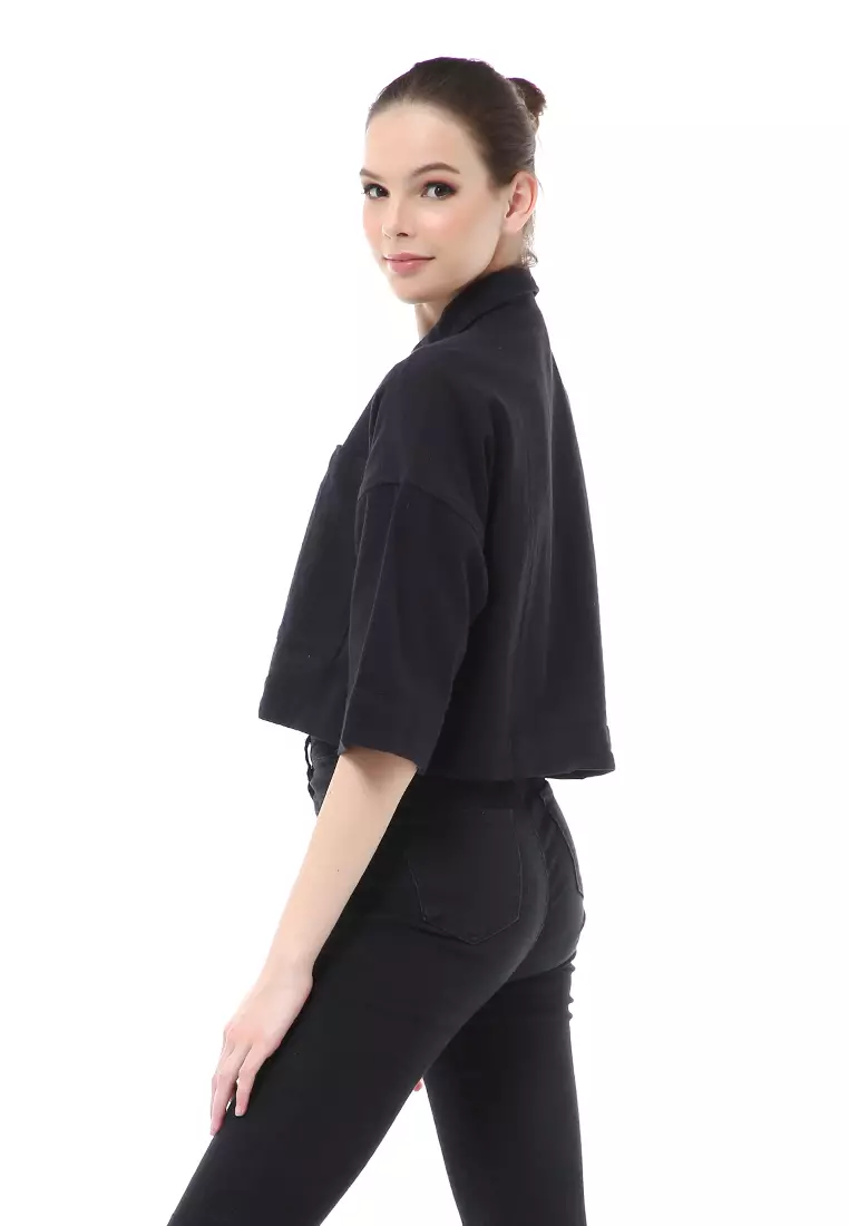 Brielle Atasan Wanita Kemeja Crop Oversize Shirt Lengan Panjang Material Linen ORIGINAL - Black