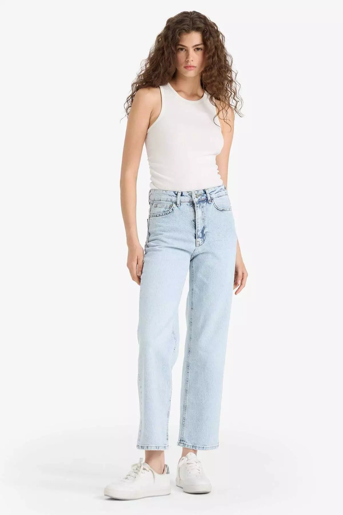 Comfort Straight High Waist Ankle Length Jean Washed Trousers D8155Ax25Sm