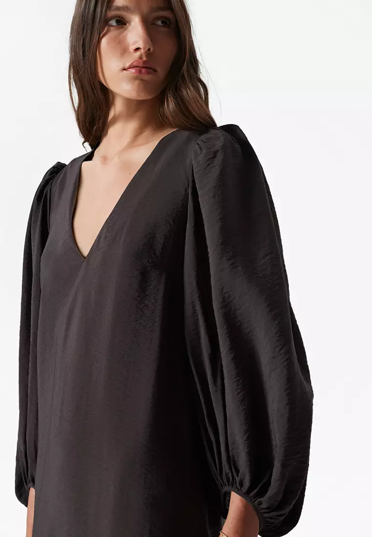 Puff-Sleeve V-Neck Midi Dress
