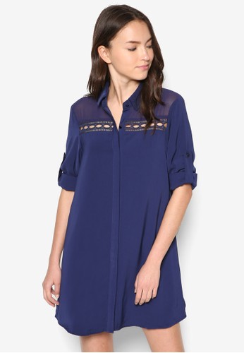 鏤空滾邊寬版襯衫連身裙, zalora時尚購物網的koumi koumi服飾, 洋裝