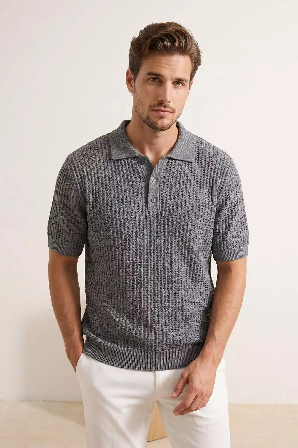 Gray Regular/Normal Cut Buttoned Textured Polo Collar Knitwear T-Shirt Tmnss26Po00027