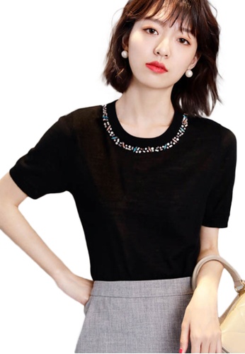 Sunnydaysweety black Korean Style Woolen Beaded Ultra-Thin Top A21031903BK C45B5AA89FE502GS_1