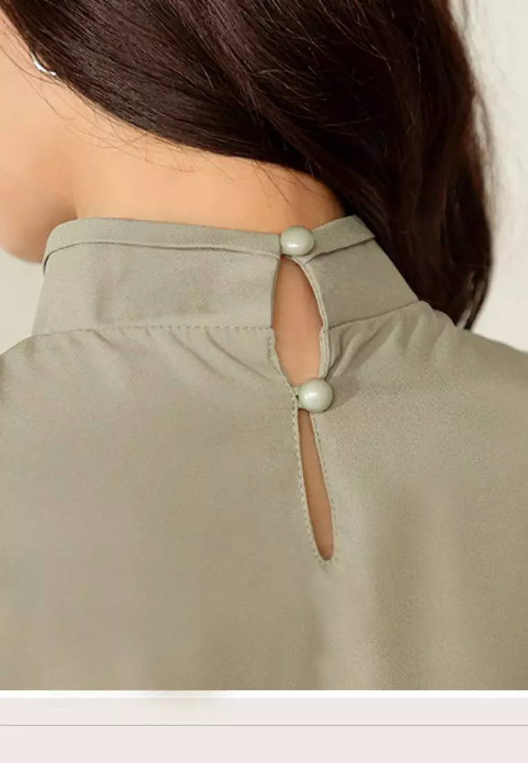 Pleated High-Neck Puff Sleeve Long Sleeve Blouse [AB19778]