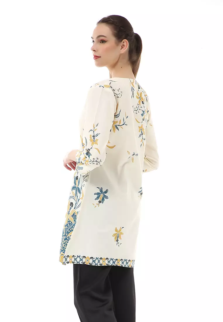 Olaf Atasan Batik Wanita Tunik Traditional Motive Simple Design Material Cotton ORIGINAL - White Blue Green