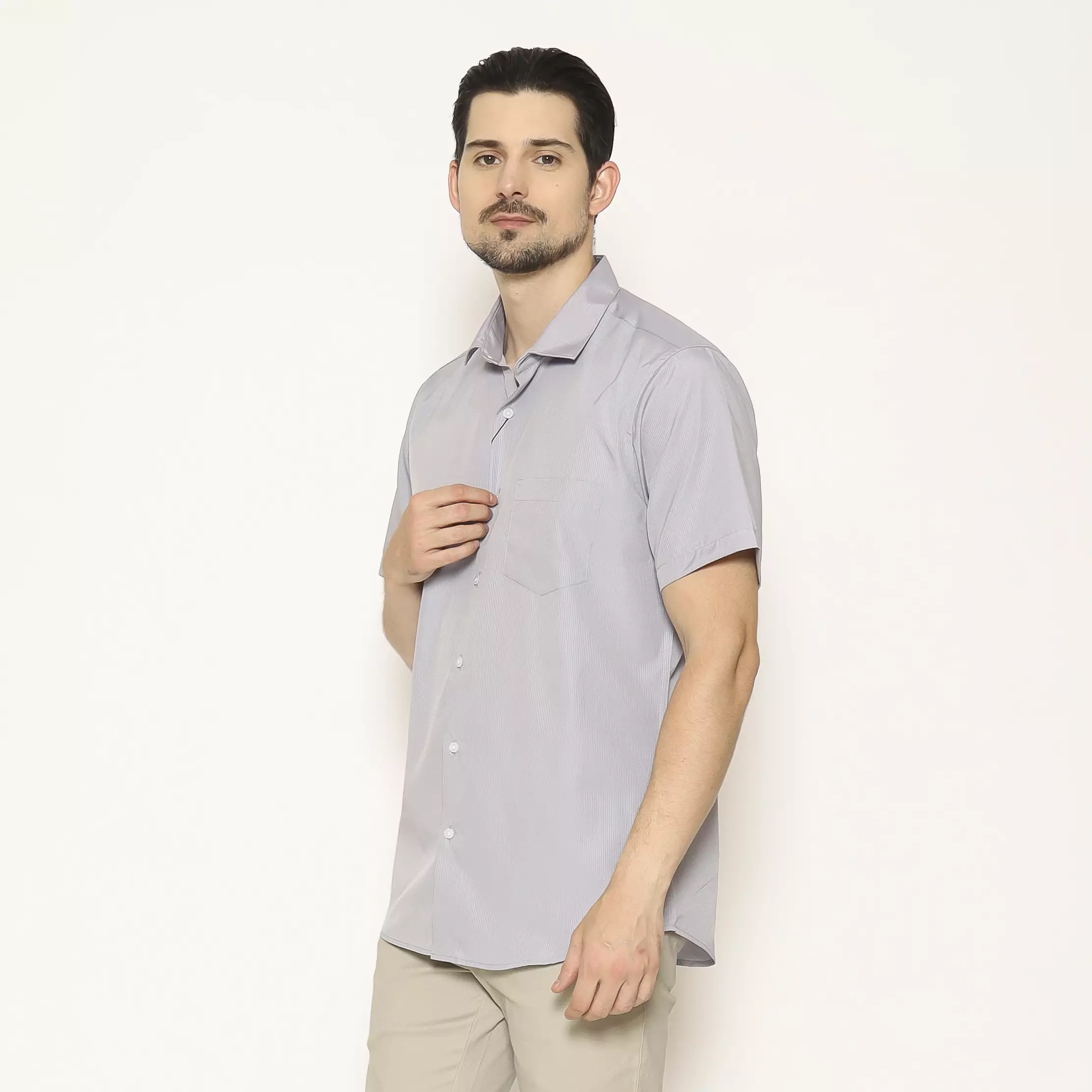 MAGINOT Kemeja Pria Basic Stripe Lengan Pendek GREY