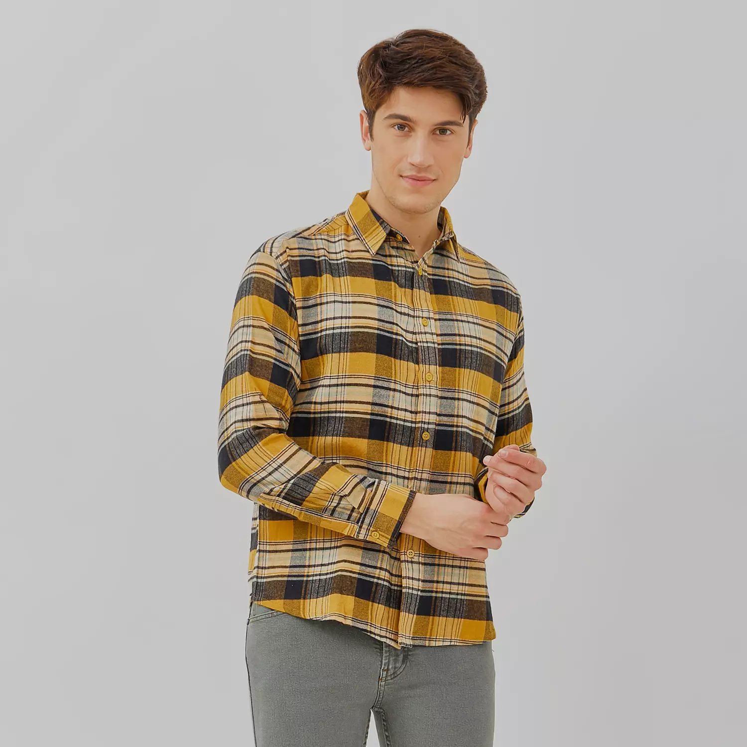 PAULMAY Kemeja Flanel Pria Lengan Panjang Kuning 6712