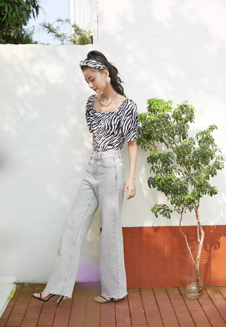 Squre Neck Puff Sleeve Zebra Stripe Top