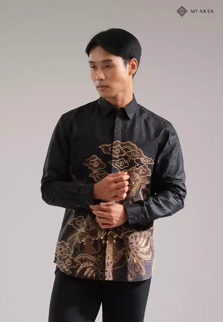 My Aksa Kemeja Batik Pria Lengan Panjang Trikot Mahaveer Black