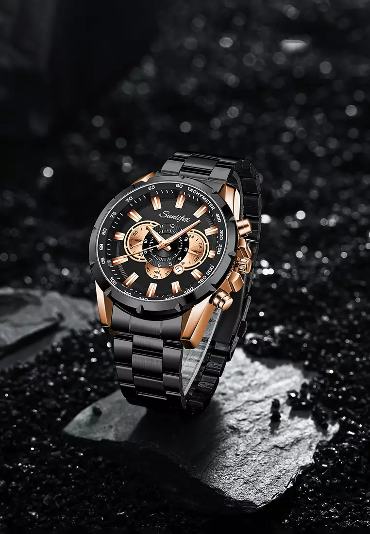 Jam Tangan Pria 3351 Kalender Kuarsa Jam Tangan Cowok Santai Tali Stainless Steel Original  blackgold