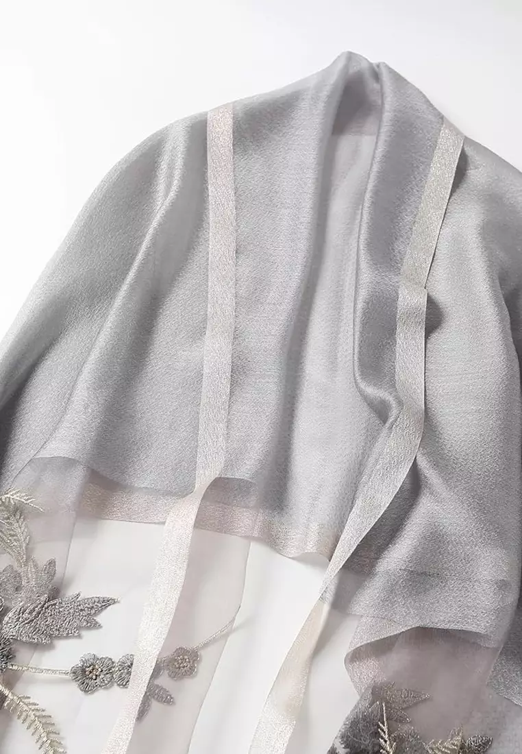 Aksesoris Wanita Golden Thread Embroidery Floral Beaded Silk Shawl Syal Sutra Wanita Bordir Silver