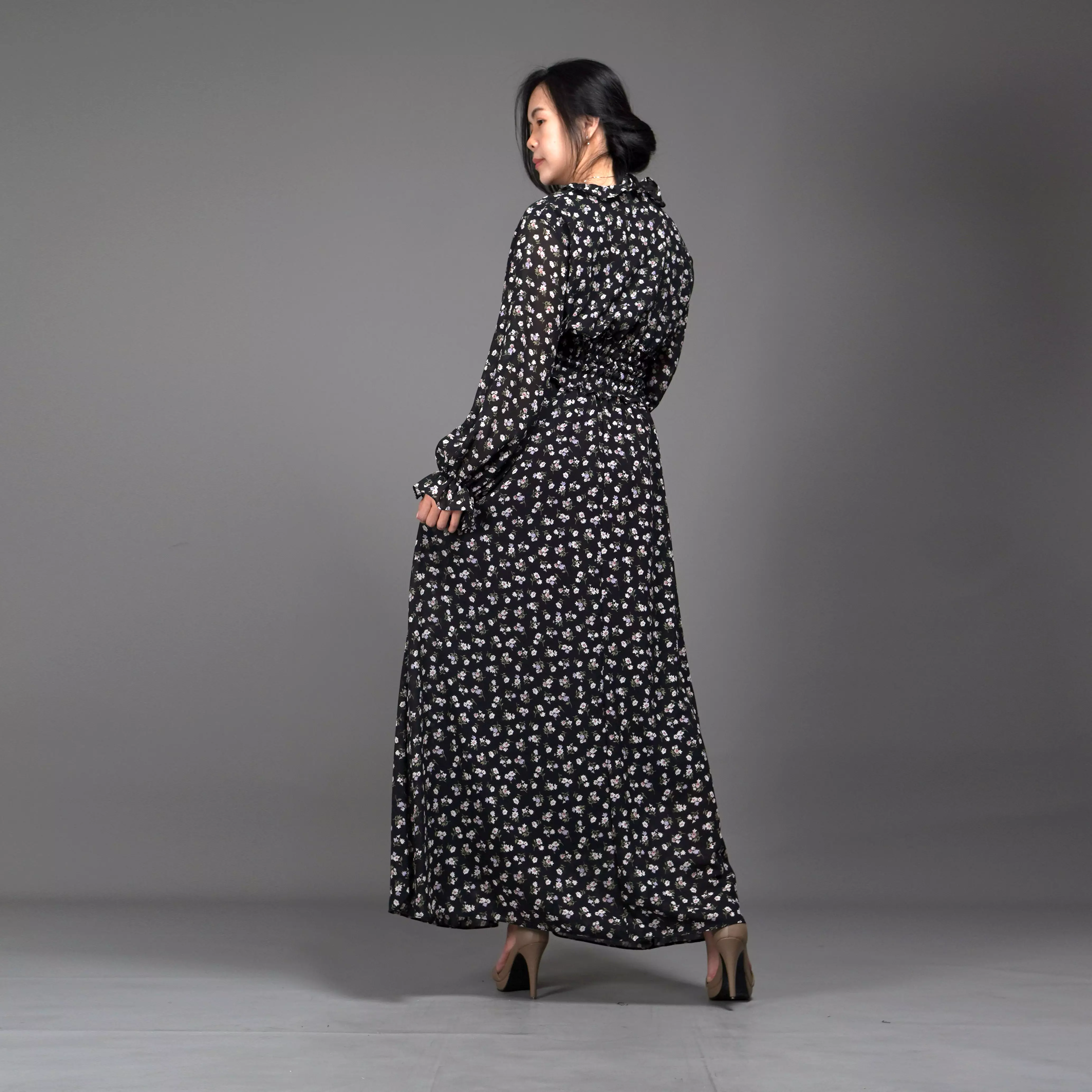  Dress SHALMA Long Dress Sifon Gaun Panjang Gaya Korea - Hitam