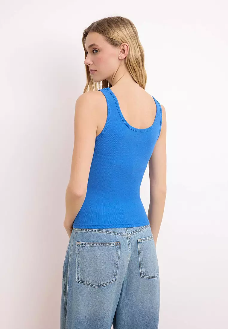 Cobalt Fitted/Bodycon Pool Collar Corded Fabric Stretchy Knitted Undershirt Twoss22Al42