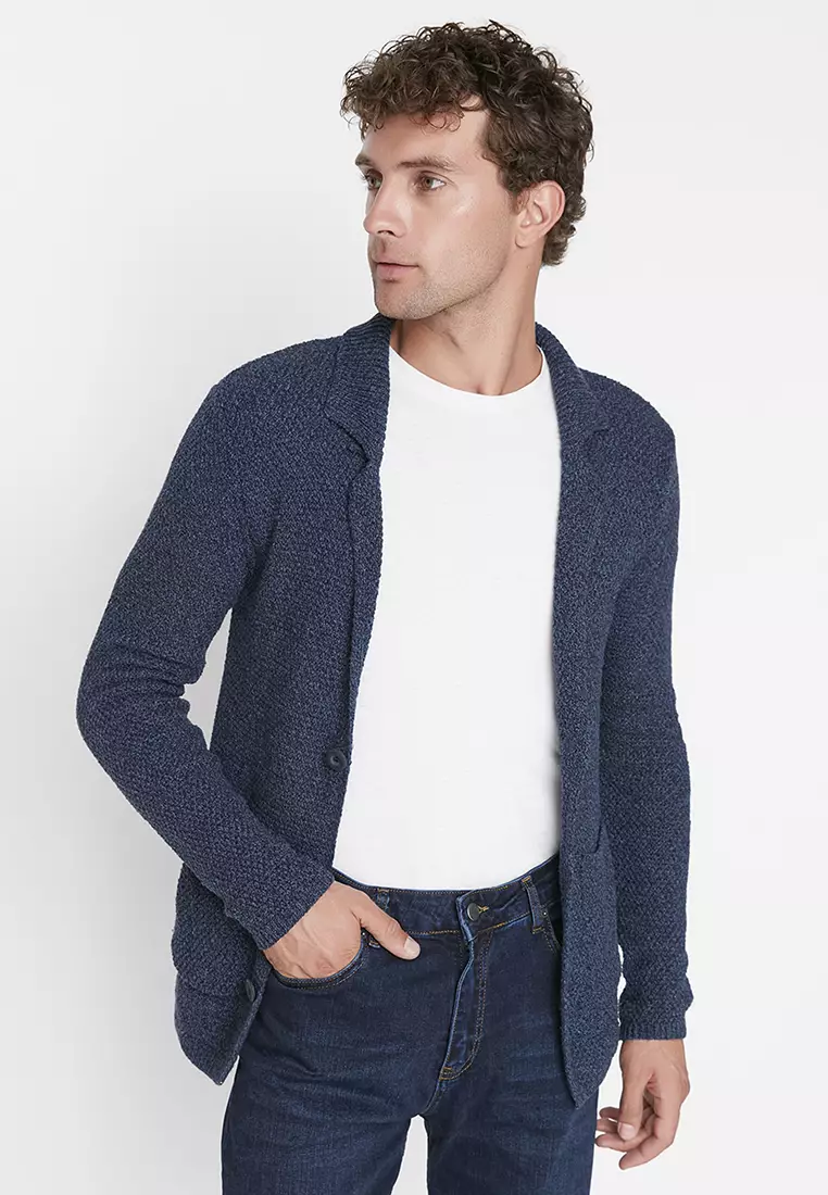 Slim Fit Jacket Collar Textured Pocket Knitwear Cardigan