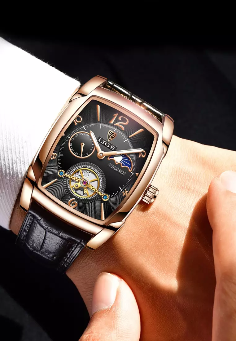 Automatic Unisex Rose Gold Finish Barrel-shape Watch 46x38mm, Black Leather Strap
