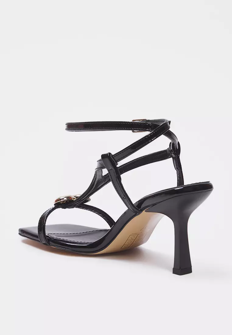 Black Gold Heart Accessory Detailed Patent Leather Women's Thin Heeled Sandals Takss25To00094