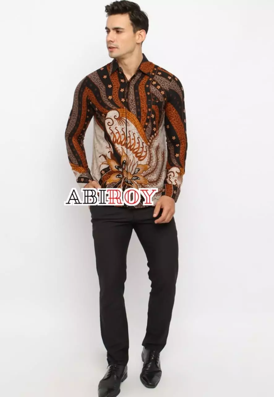 Kemeja Batik Pria Premium Slimfit Elegant Modern Lengan Panjang Flamboyan Oranye