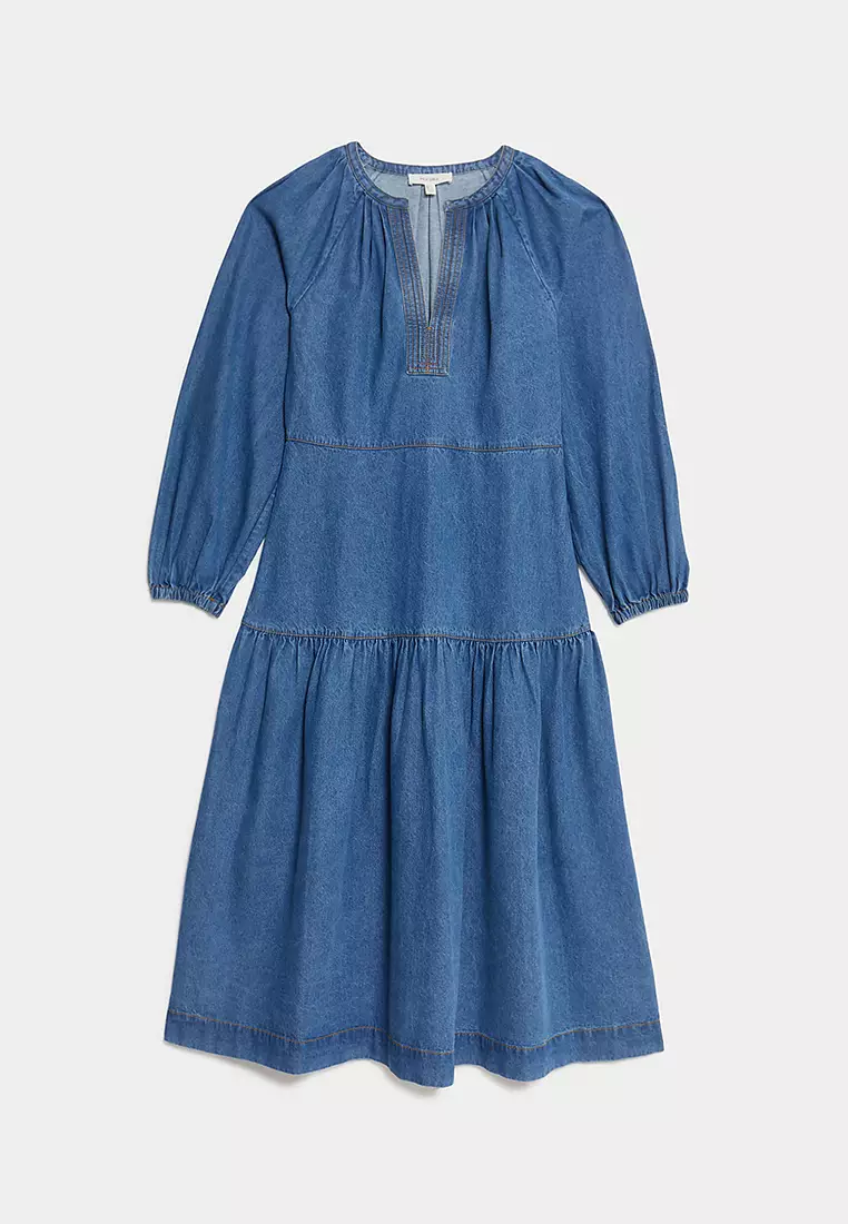 Denim V-Neck Midi Tiered Waisted Dress