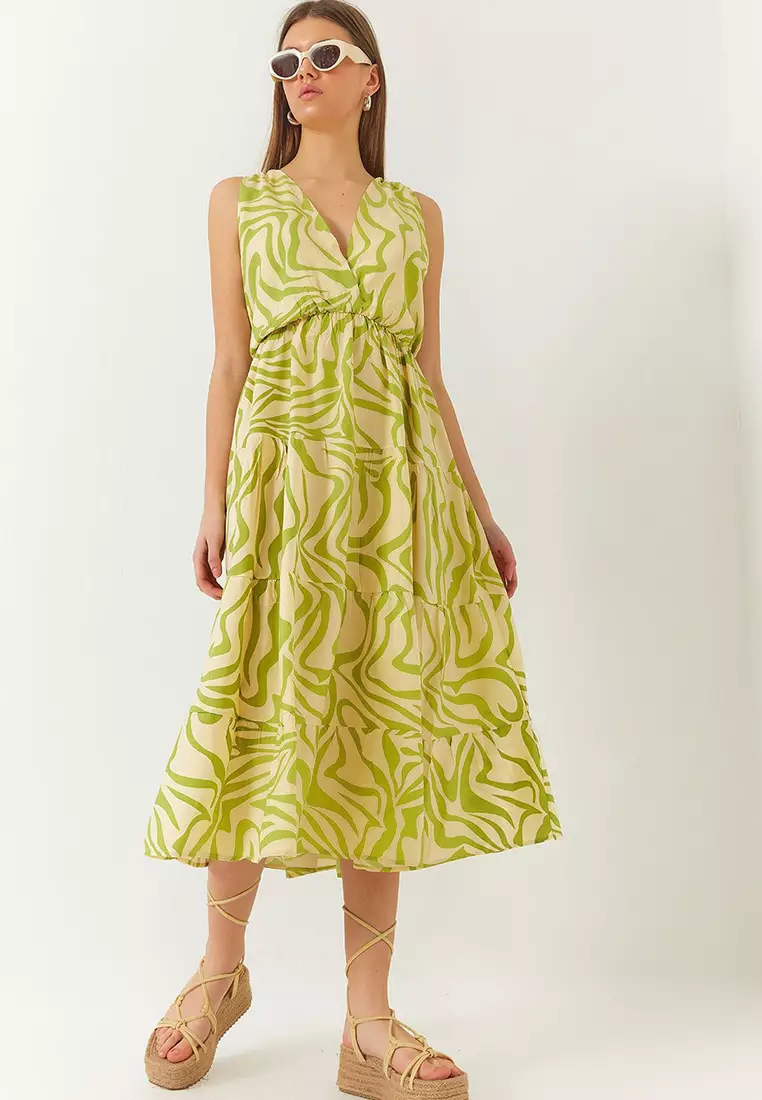 Women's Double Breasted Neckline Elastic Waist Back Rope Tie Print Dress 60261428