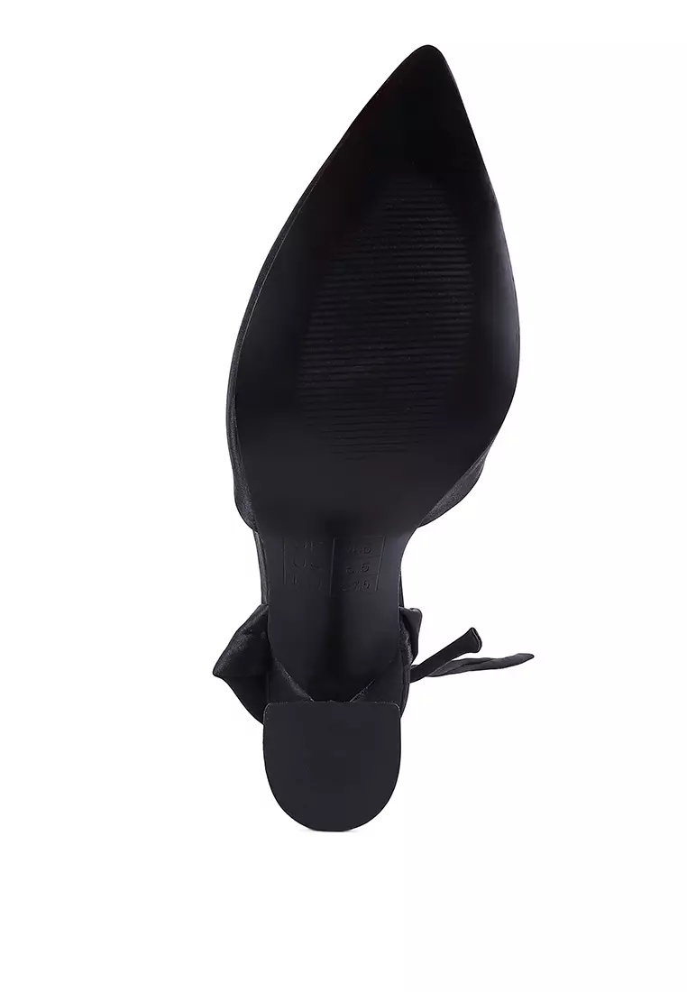 Black Kitten Heel Tie Up Satin Sandals