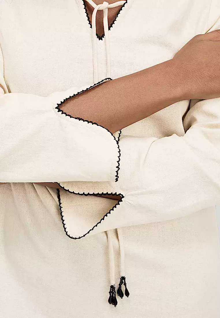 Linen Rich Embroidered Midi Shift Dress