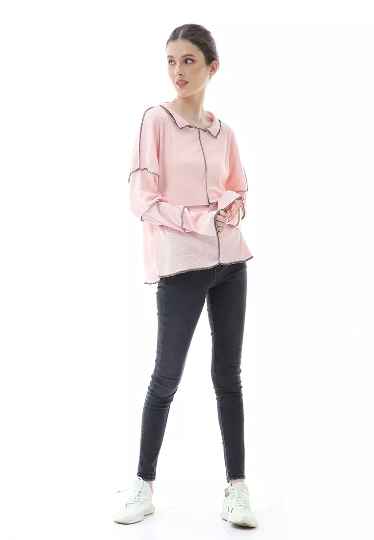 Veronica Blouse Terbalik Relaxed Motif Polos Long Sleeve Premium Quality - Pink