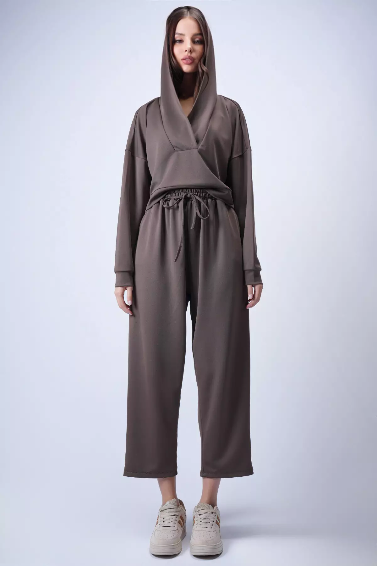 Women'S Bitter Brown Hooded Double-Breasted Collar Loose Fit Transitional Bottom Top Set Alc-X13268