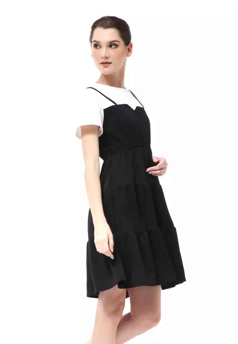 Rachel Midi Dress Wanita Lengan Pendek Model Menyatu Korean Style Material Cotton ORIGINAL - Black