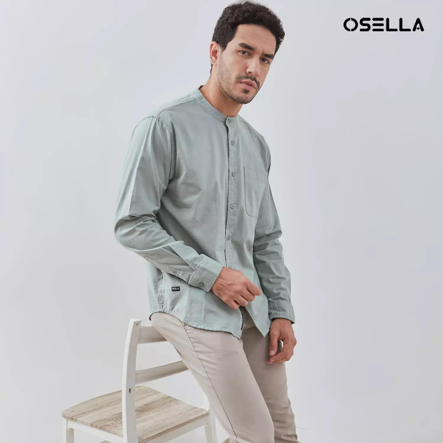 [NEW] Osella Solid Linen Look Shanghai Collared Long Sleeve Shirt 2037501064 |  Kemeja Pria Lengan Panjang