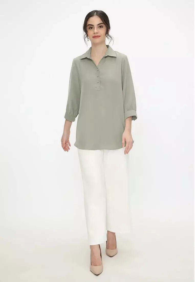 Blouse Plain Flowy V Neck By Brilliant Girl Warna Hijau