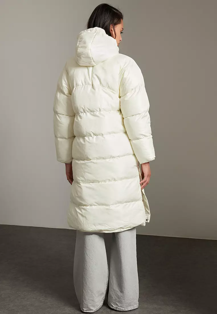 Ecru Regular Hooded Side Snap Detail Water Repellent Long Puffer Jacket TWOAW24MO00104