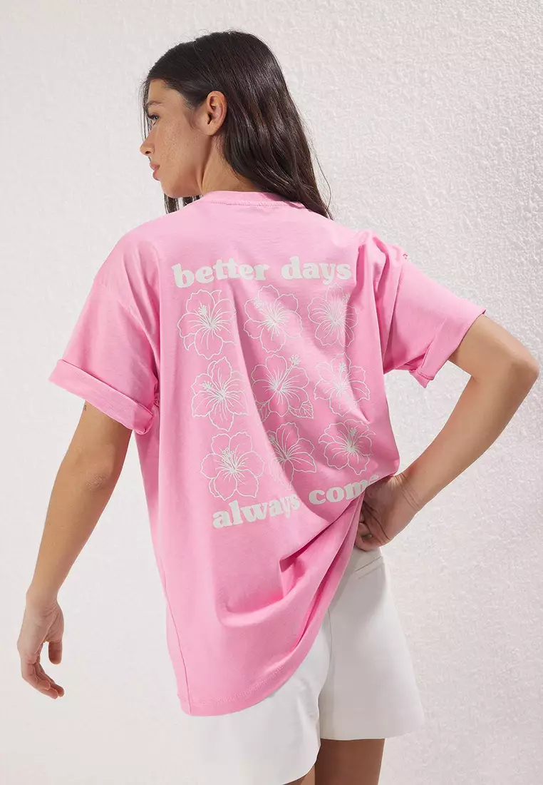 Light Pink 100% Cotton Oversize/Wide Pattern Front Back Printed Knitted T-Shirt TWOSS25TS00059