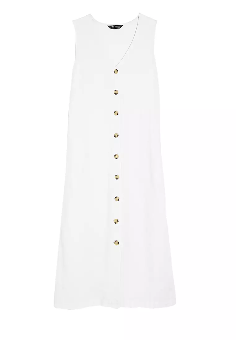 Linen Rich V-Neck Button Through Midi Dress