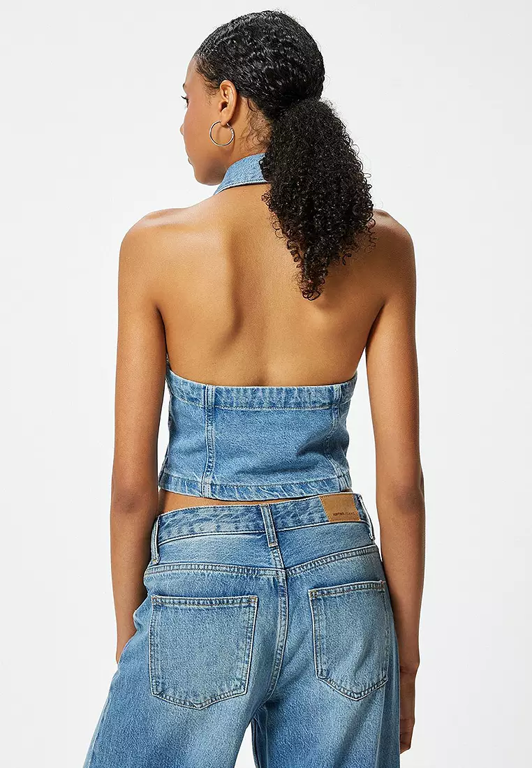 Halter Neck Denim Crop Top Zippered Backless Slim Fit
