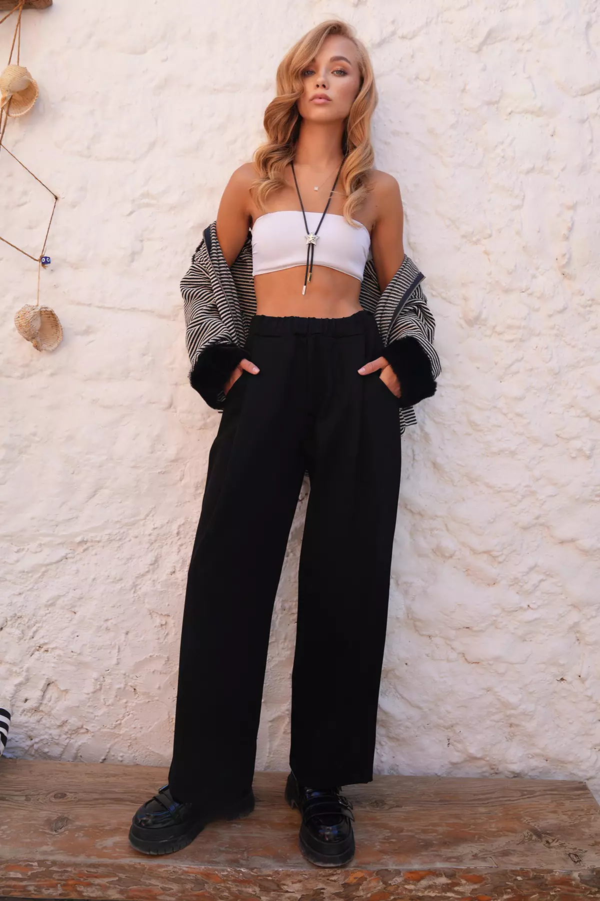 Women's Black Pleated Detailed Knitted Palazzo Pants Alc-X14535