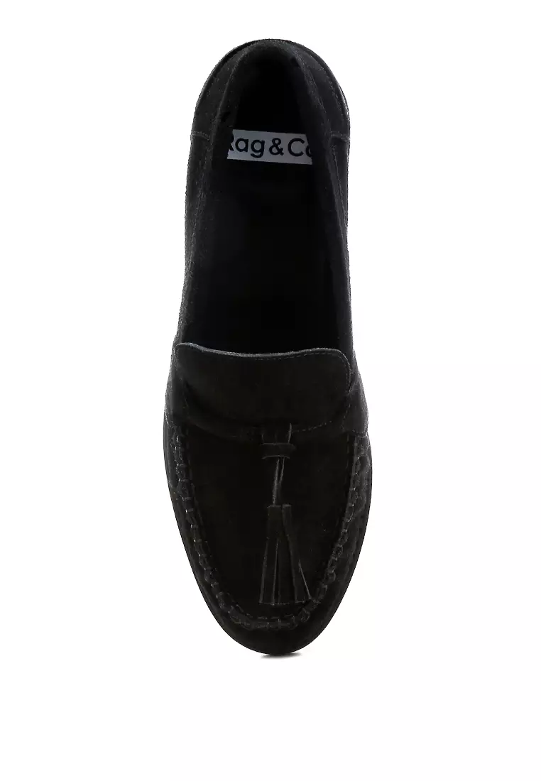 Black Tassels Detail Suede Loafers