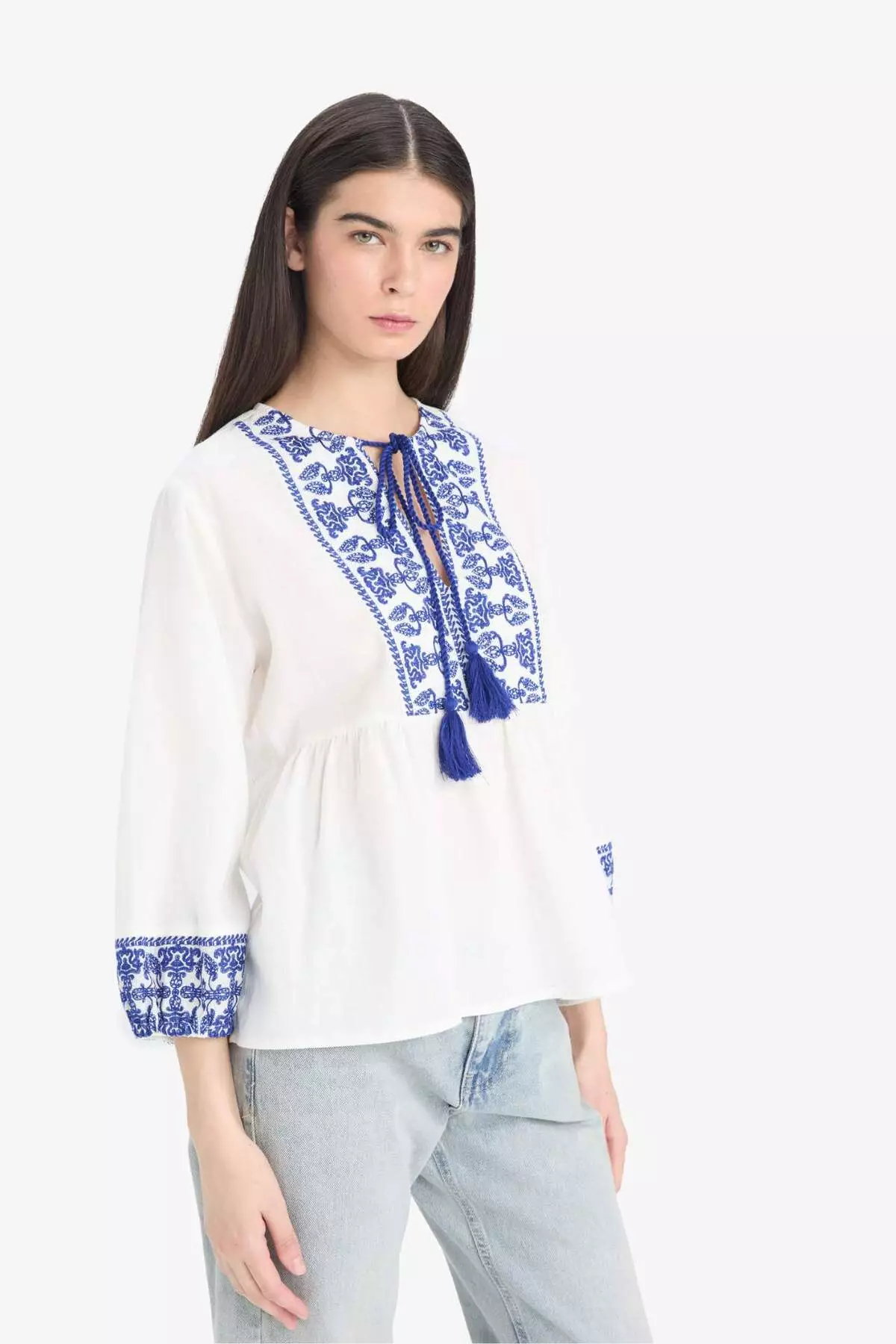 Regular Fit Crew Neck Linen Look Long Sleeve Blouse E6527Ax25Sm