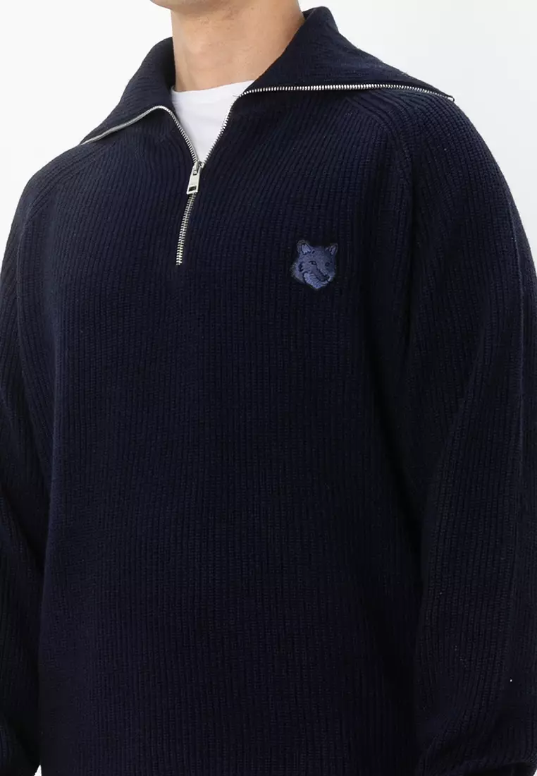 Buy Maison Kitsuné Bold Fox Head Patch Half Zip Ribbed