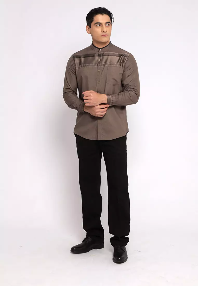 Casella Baju Koko Pria Lengan Panjang | Baju Koko Horizontal Harun 9904 Dark Brown