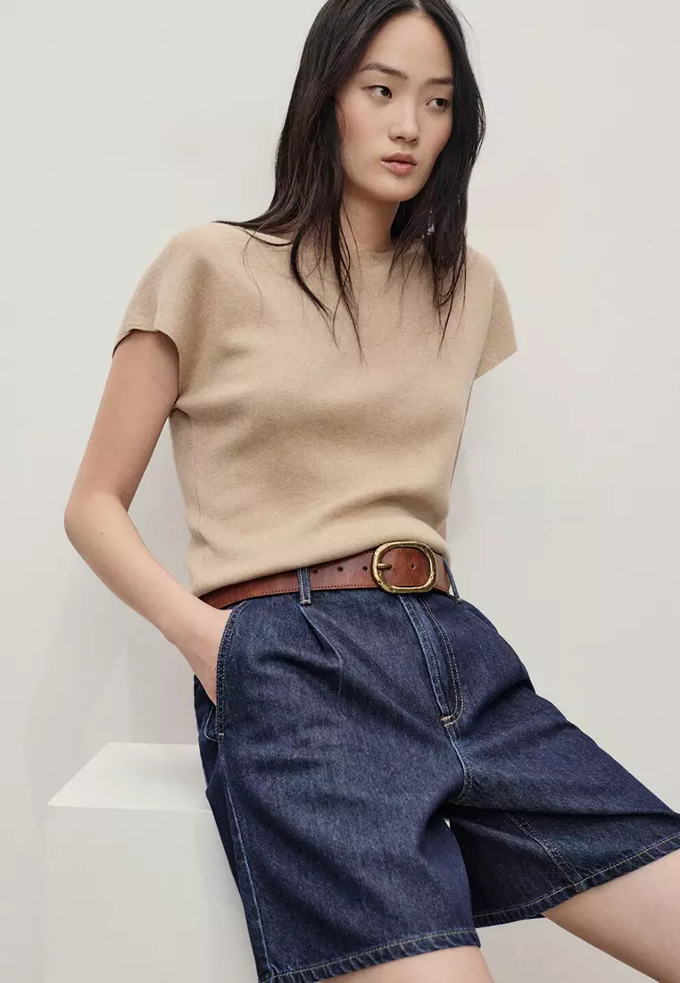 Mid-Rise Denim Bermuda Shorts With Pleats