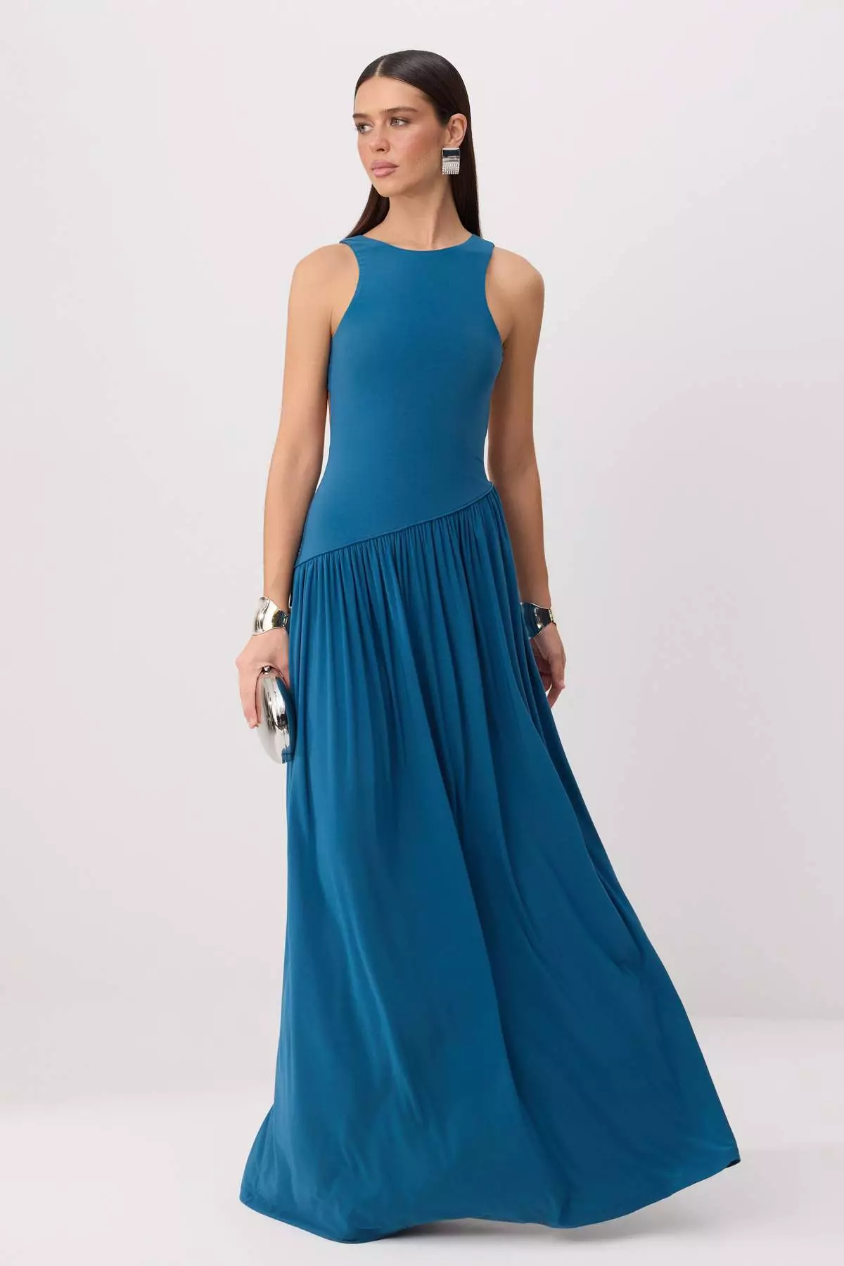 Petrol Halter Neck A-Line/ Bell Form Maxi Dress Tprss26El00229