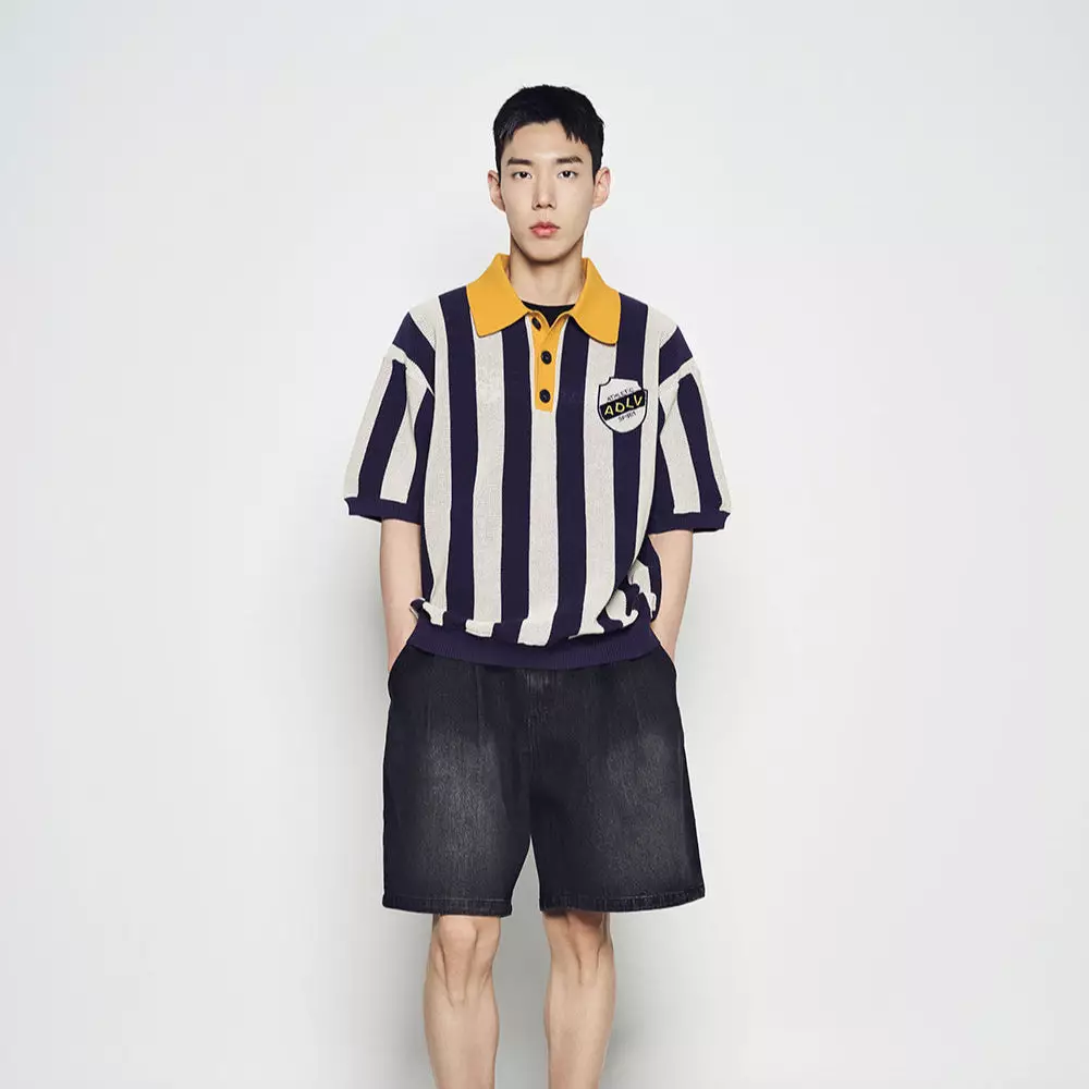 COLLAR POINT STRIPE SHORT SLEEVE KNIT NAVY