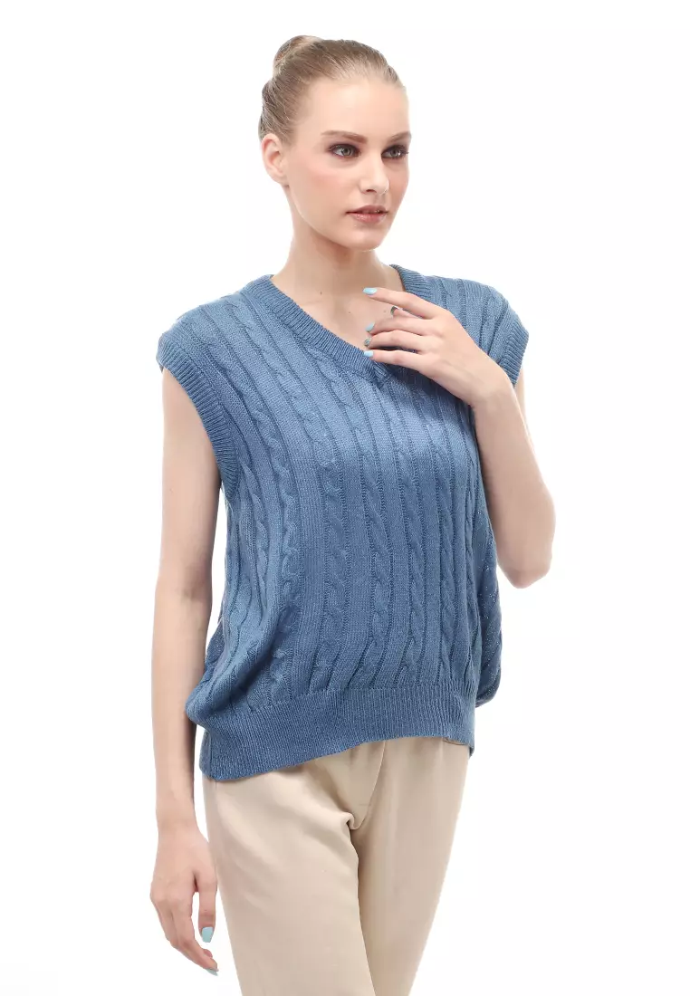 Urice Vest Rajut Atasan Wanita V-neck Sleeves Design Elegant - Denim