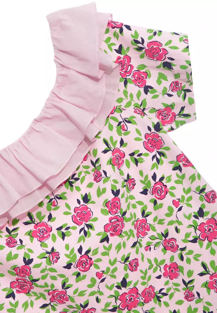 Floral Print Top With Flounce Neckline